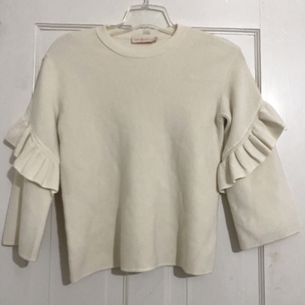 Tory Burch Ashley Ribbed Ruffle-Sleeve Sweater M - Picture 2 of 7